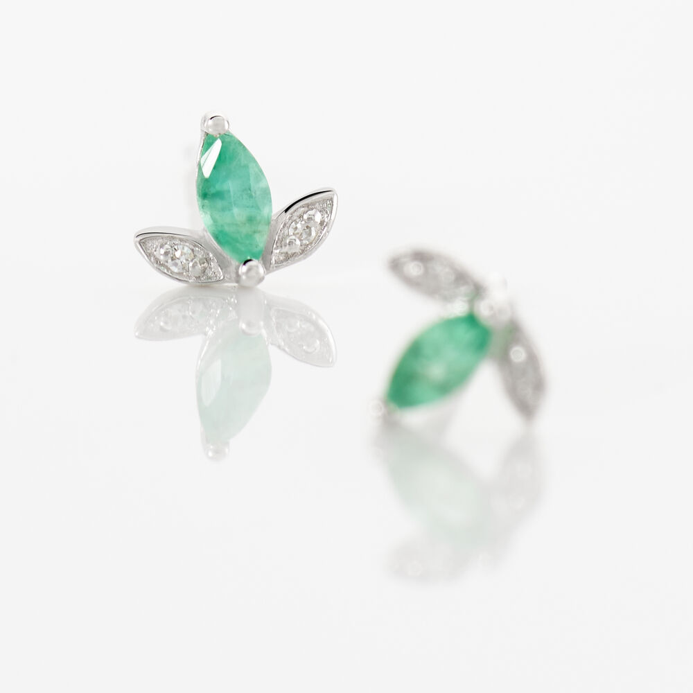 Boucles D'oreilles Puces Or Blanc Febe Emeraude Diamant -  Femme | Marc Orian