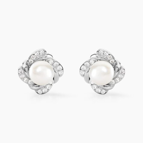 Boucles D'oreilles Puces Laetoria Argent Blanc Perle De Culture Oxyde - Puces Femme | Marc Orian