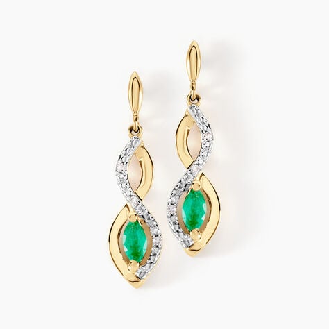 Boucles D'oreilles Pendantes Ondulations Or Jaune Emeraude Diamant - Boucles d'oreilles mariage Femme | Marc Orian