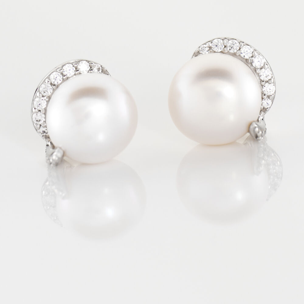 Boucles D'oreilles Puces Lucinda Or Blanc Perle De Culture Et Oxyde - Puces Femme | Marc Orian