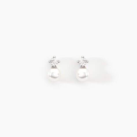 Boucles D'oreilles Puces Eolande Or Blanc Perle De Culture Et Oxyde - Puces Femme | Marc Orian