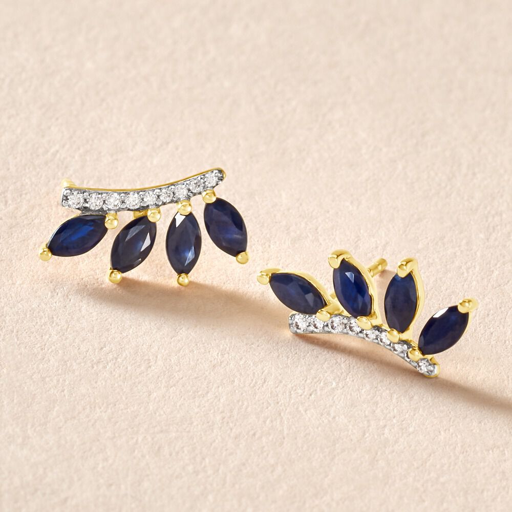 Boucles D'oreilles Puces Navette Or Jaune Saphir Diamant - Puces Femme | Marc Orian