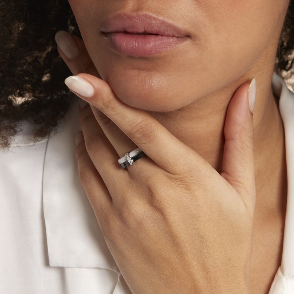 Bague Barette Bicolore Ceramique Argent Blanc Oxyde De Zirconium - Bagues avec pierre Femme | Marc Orian