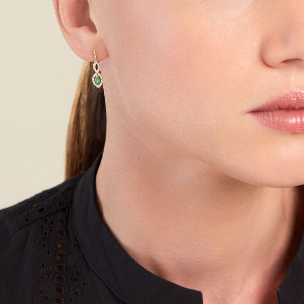 Boucles D'oreilles Pendantes Ondulations Or Jaune Emeraude Diamant - Pendantes Femme | Marc Orian