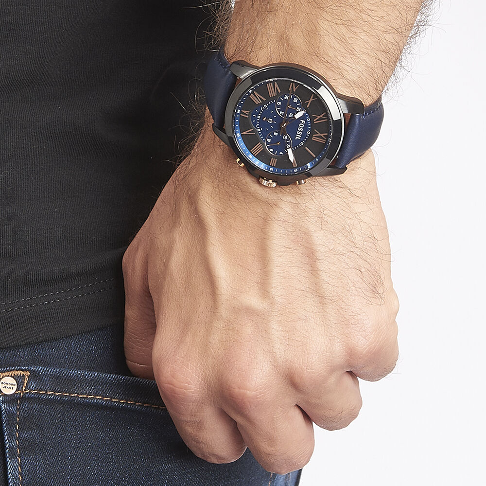 Montre grant chronographe hot sale en cuir bleu