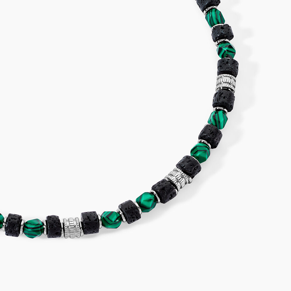 Collier Jourdan Bengale Acier Argenté Malachite Pierre De Lave - Colliers avec pierres Homme | Marc Orian