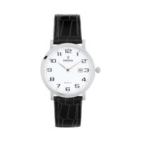 cadran argenté fond blanc bracelet cuir noir