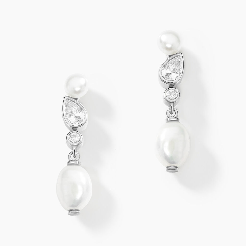 Boucles D'oreilles Pendantes Dua Argent Blanc Perle De Culture Oxyde - Pendantes Femme | Marc Orian
