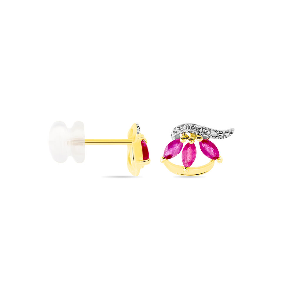 Boucles D'oreilles Puces Petale Or Bicolore Rubis Et Diamant - Clous d'oreilles Femme | Marc Orian