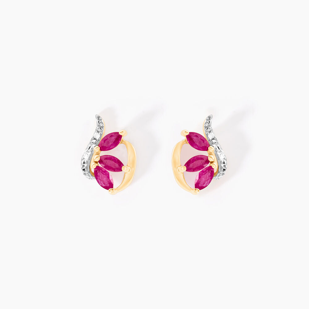 Boucles D'oreilles Puces Petale Or Bicolore Rubis Et Diamant - Puces Femme | Marc Orian