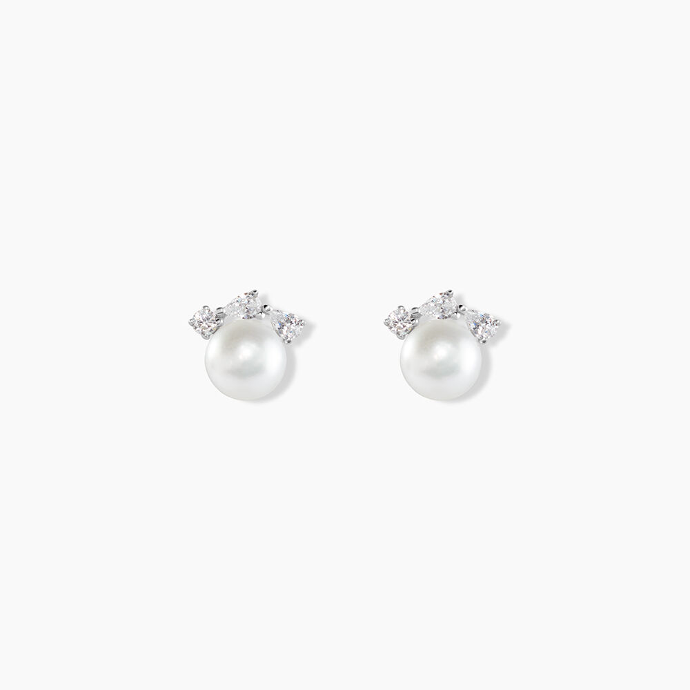 Boucles D'oreilles Puces Yarie Or Blanc Perle De Culture Et Oxyde - Puces Femme | Marc Orian