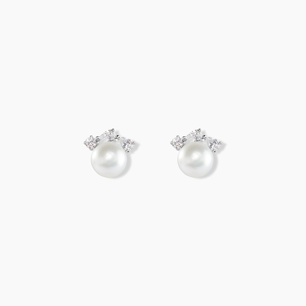 Boucles D'oreilles Puces Yarie Or Blanc Perle De Culture Et Oxyde - Puces Femme | Marc Orian