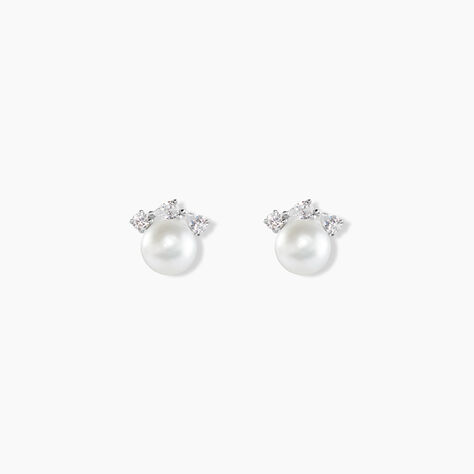 Boucles D'oreilles Puces Yarie Or Blanc Perle De Culture Et Oxyde - Puces Femme | Marc Orian