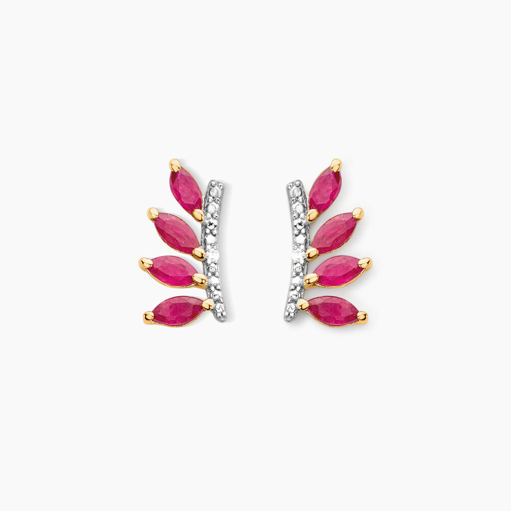 Boucles D'oreilles Puces Navette Or Jaune Rubis Diamant - Puces Femme | Marc Orian