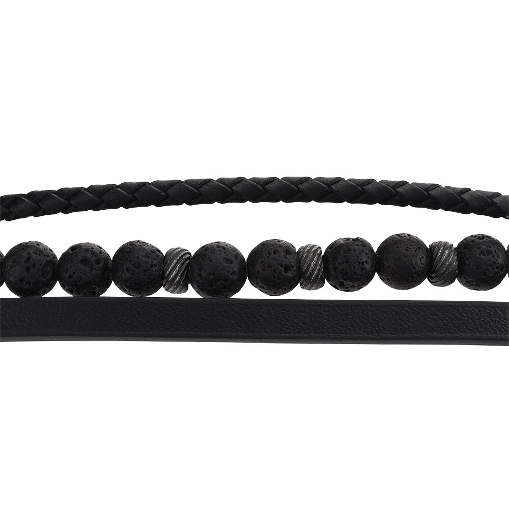 Bracelet Phebus Him Acier Vieilli Cuir Noir Pierre De Lave - Bracelets cuir Homme | Marc Orian