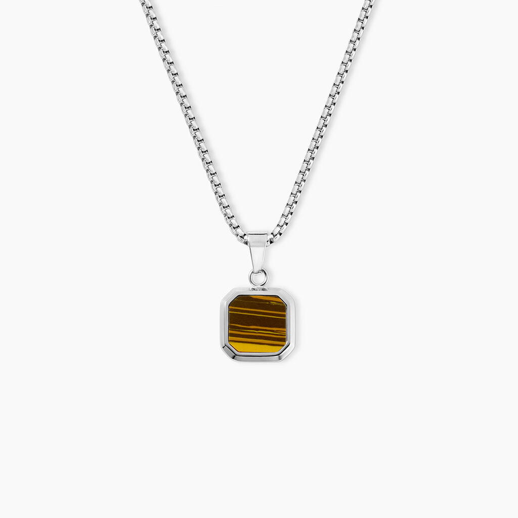 Collier Acier Inoxydable Blanc Carr&eacute; Oeil De Tigre Jaune Maille Venitienne 55Cm - Colliers avec pierres Homme | Marc Orian