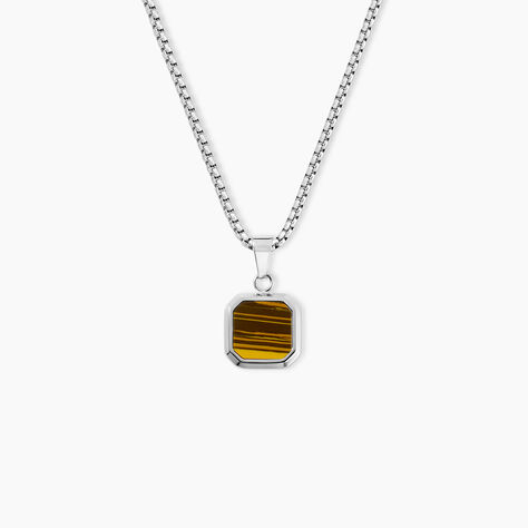 Collier Acier Inoxydable Blanc Carr&eacute; Oeil De Tigre Jaune Maille Venitienne 55Cm - Colliers avec pierres Homme | Marc Orian