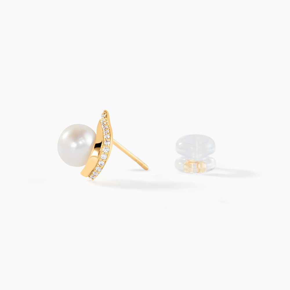 Boucles D'oreilles Puces Pearly Or Jaune Perle De Culture Et Oxyde - Boucles d'oreilles mariage Femme | Marc Orian