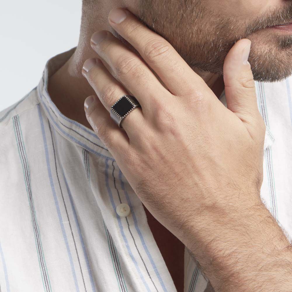 Bague Chevalière Acier Vieillit Haris Agate - Bijoux fantaisie Homme | Marc Orian