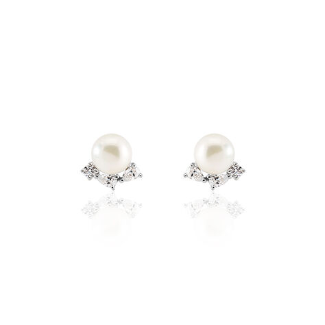 Boucles D'oreilles Puces Yarie Or Blanc Perle De Culture Et Oxyde - Clous d'oreilles Femme | Marc Orian