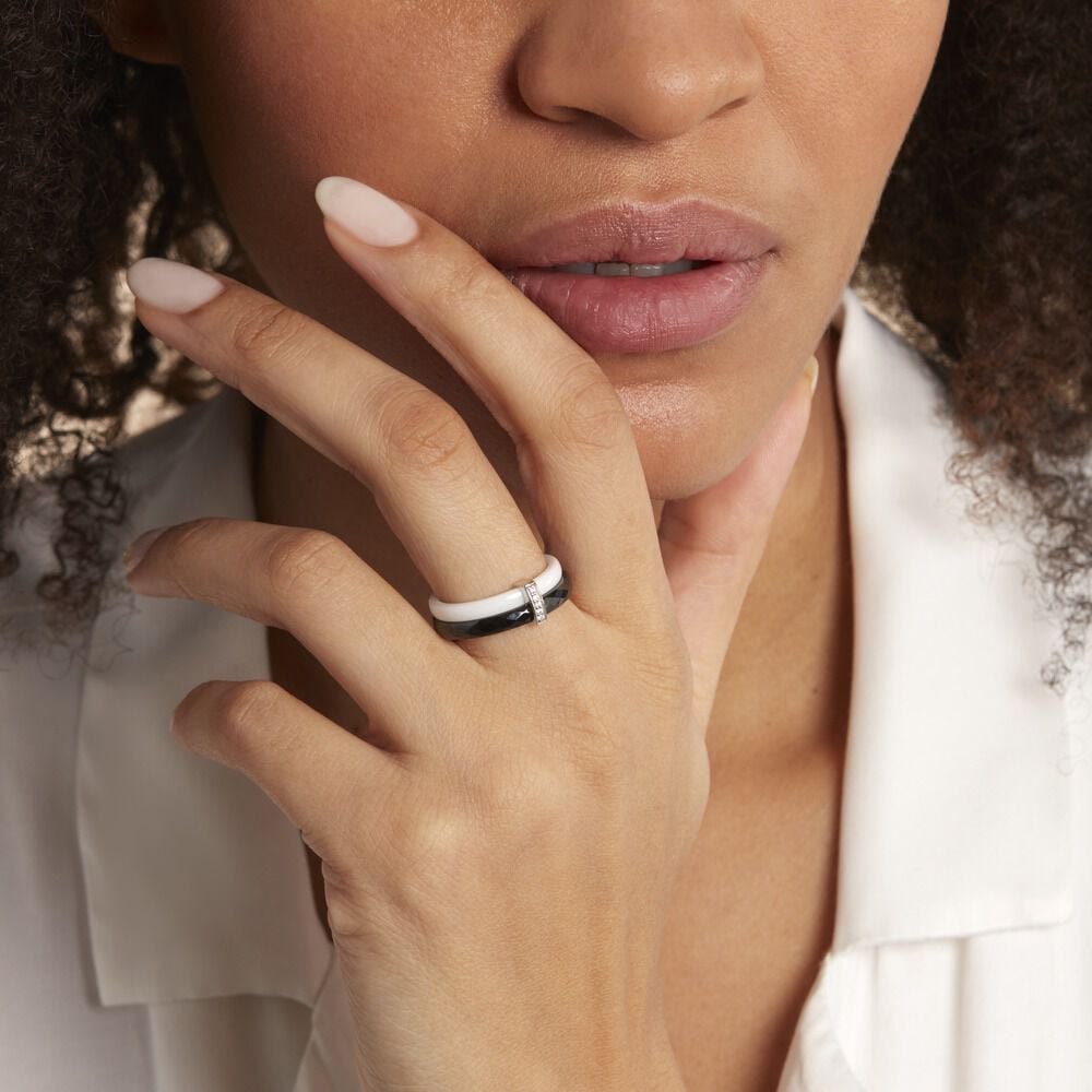 Bague Barette Bicolore Ceramique Argent Blanc Oxyde De Zirconium - Bagues avec pierre Femme | Marc Orian