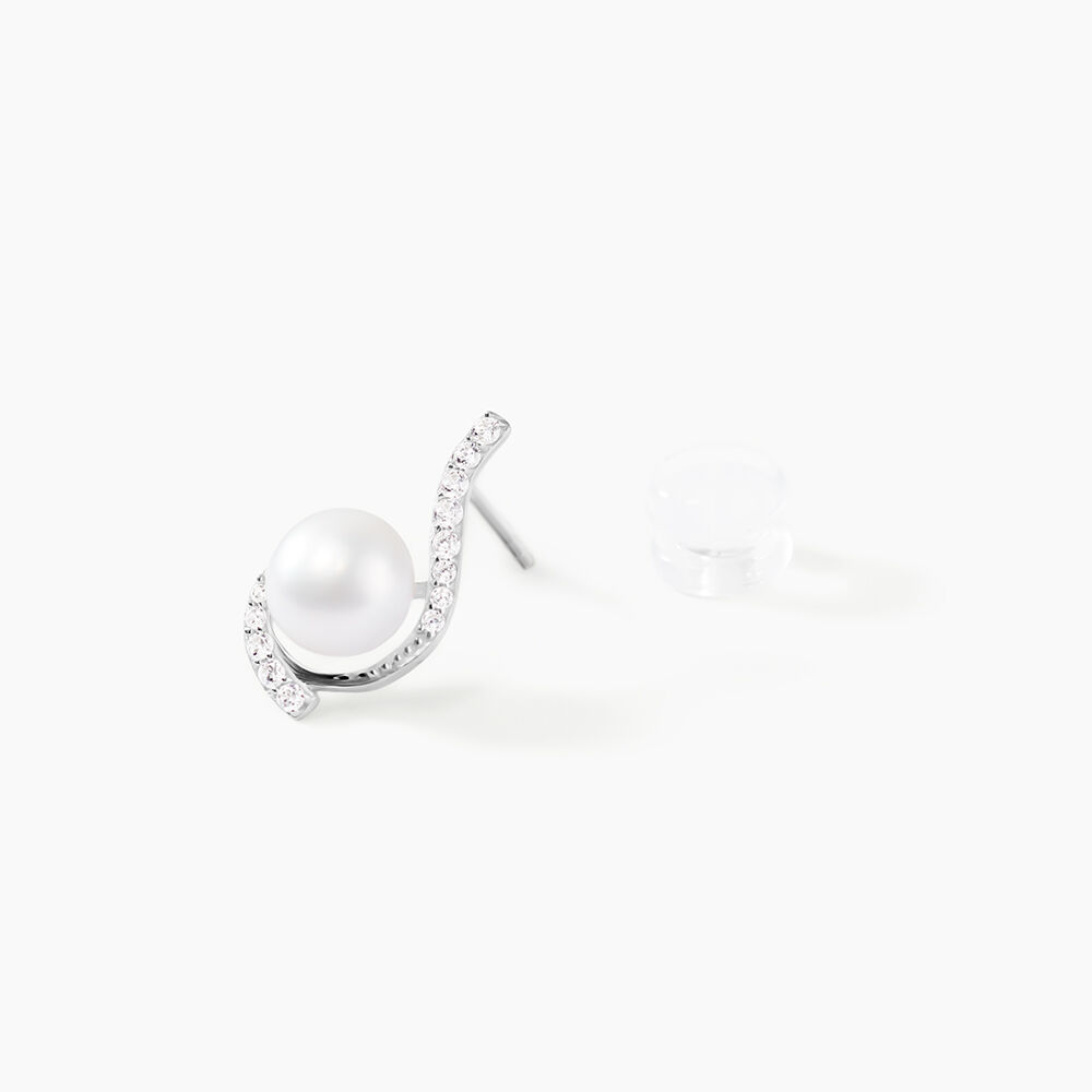 Boucles D'oreilles Puces Cassiopea Or Blanc Oxyde Et Perle De Culture - Puces Femme | Marc Orian