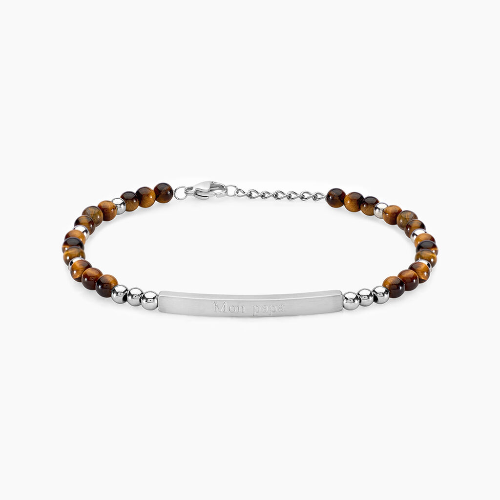 Bracelet Identit&eacute; Acier Blanc Boules Sebastino &oelig;il De Tigre - Gourmettes Homme | Marc Orian