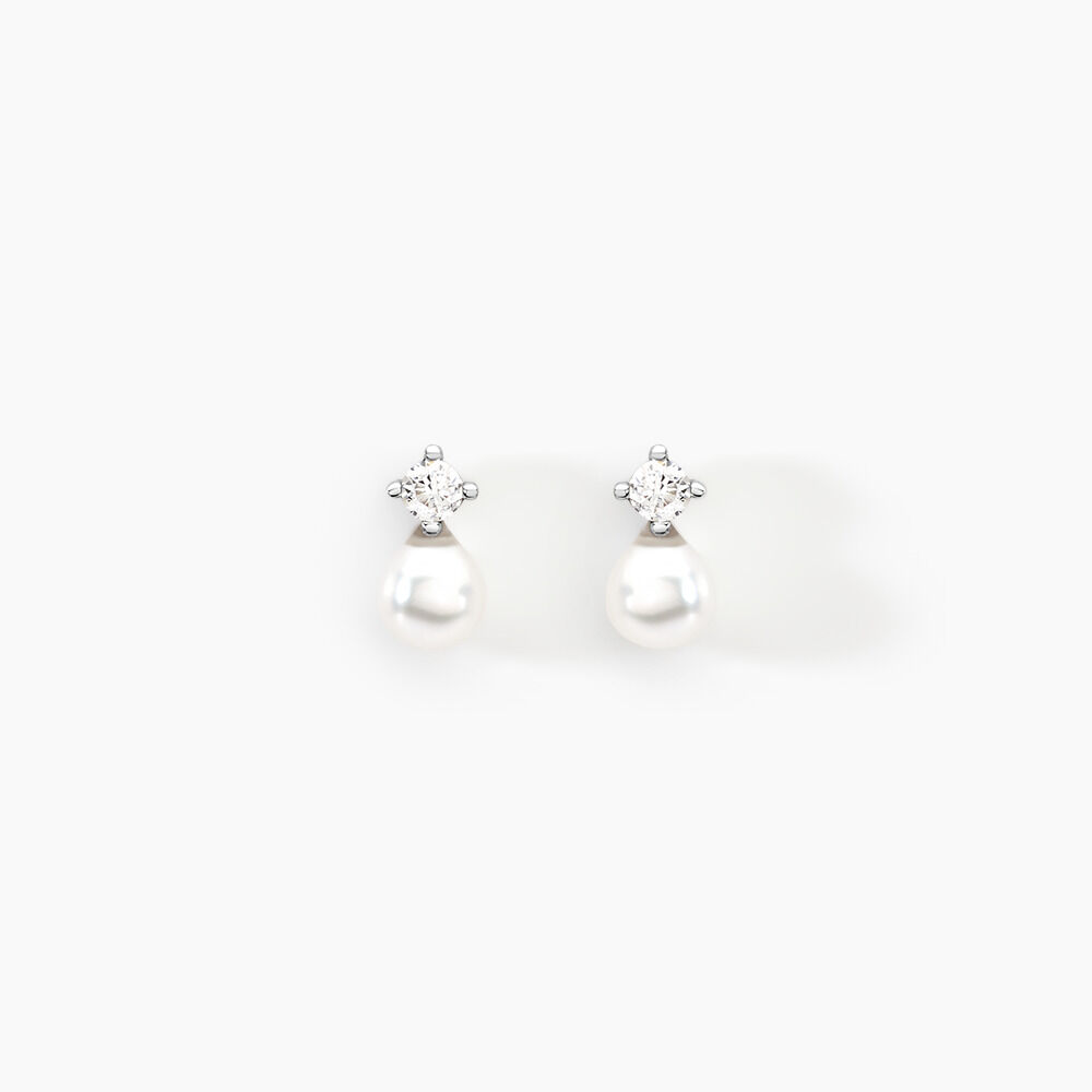 Boucles D'oreilles Puces Eolande Or Blanc Perle De Culture Et Oxyde - Puces Femme | Marc Orian