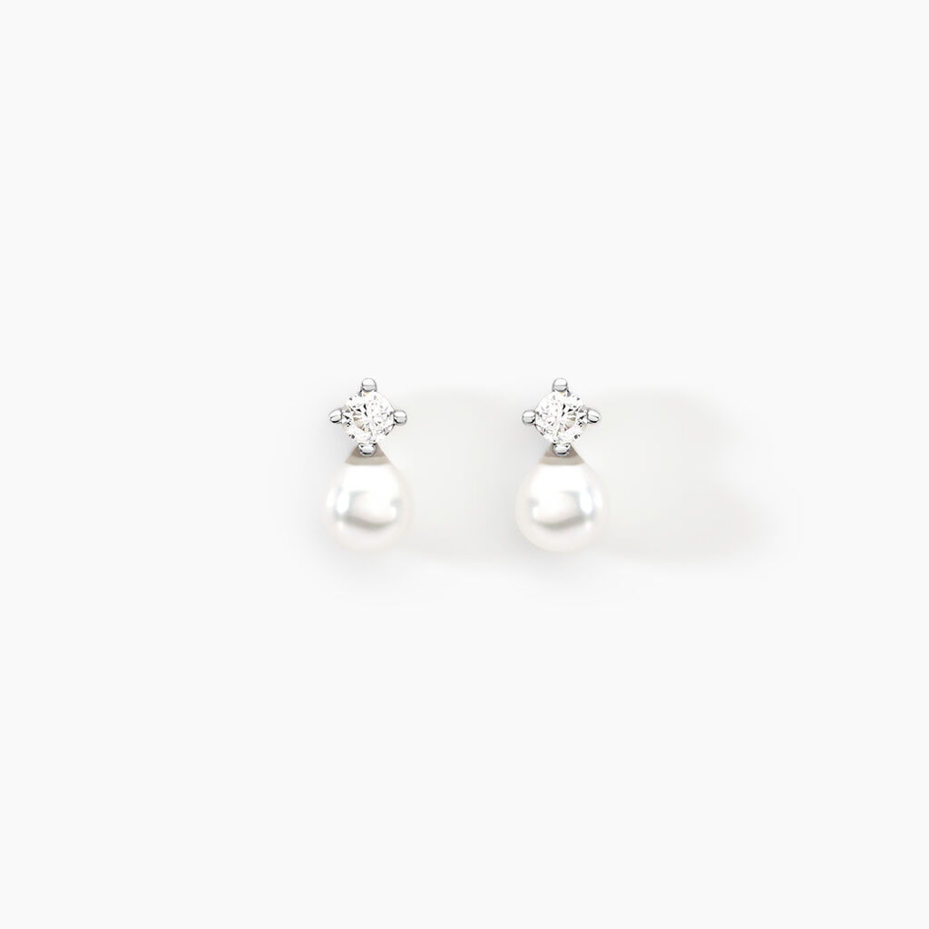 Boucles D'oreilles Puces Eolande Or Blanc Perle De Culture Et Oxyde - Puces Femme | Marc Orian