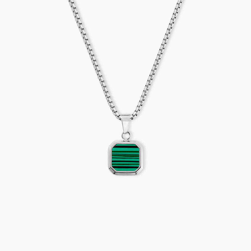 Collier Acier Inoxydable Blanc Carr&eacute; Malachite Vert Maille Venitienne 55Cm - Colliers avec pierres Homme | Marc Orian