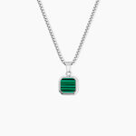 Collier Acier Inoxydable Blanc Carr&eacute; Malachite Vert Maille Venitienne 55Cm - Colliers avec pierres Homme | Marc Orian
