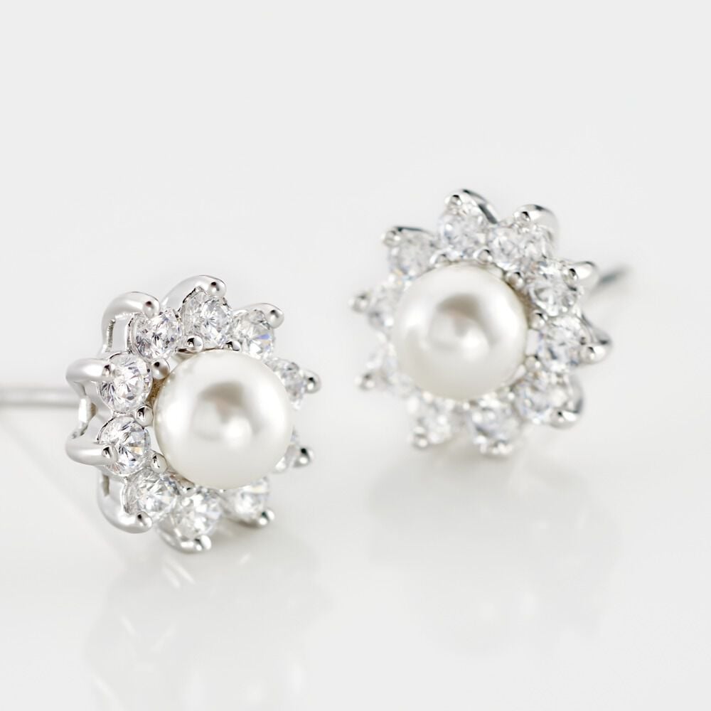 Boucles D'oreilles Puces Argent Blanc Cheri Perle De Culture Oxydes - Puces Femme | Marc Orian