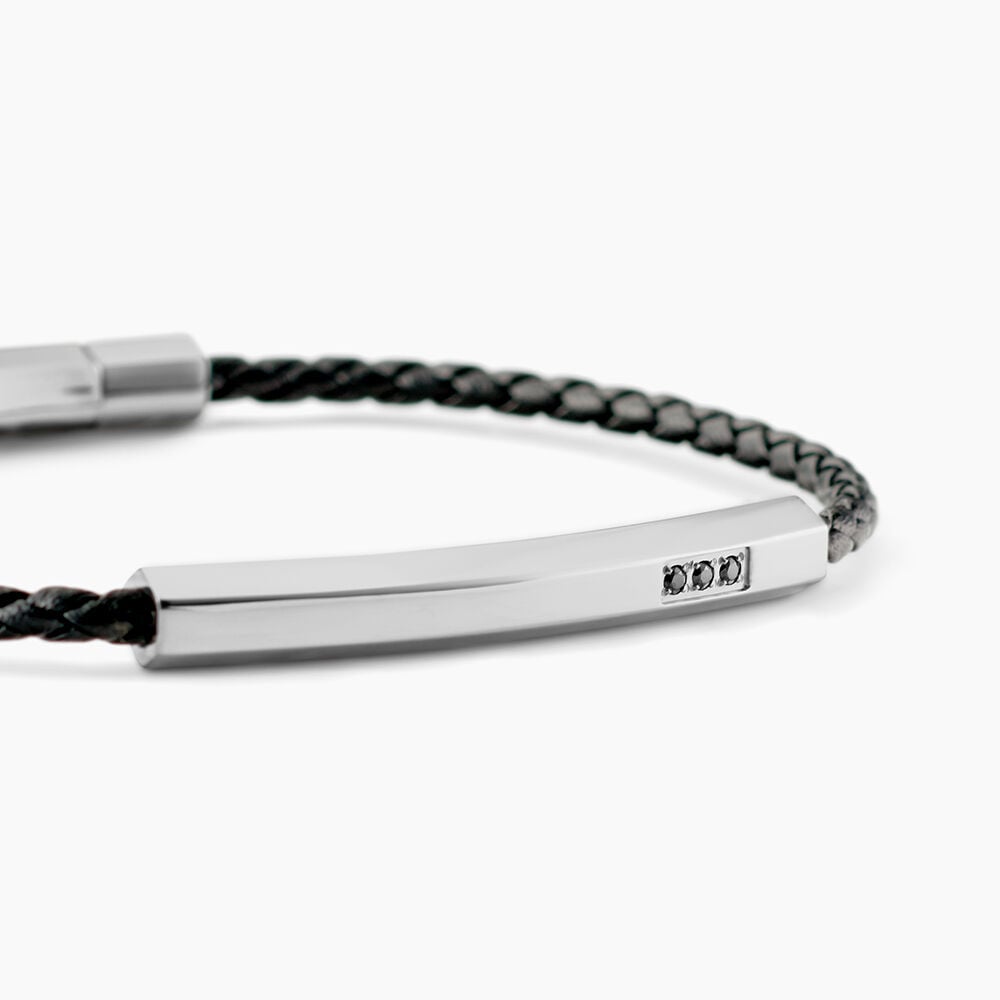 Bracelet Jourdan Cuir De Vache Noir Diamant Synth&eacute;tique - Bracelets cuir Homme | Marc Orian