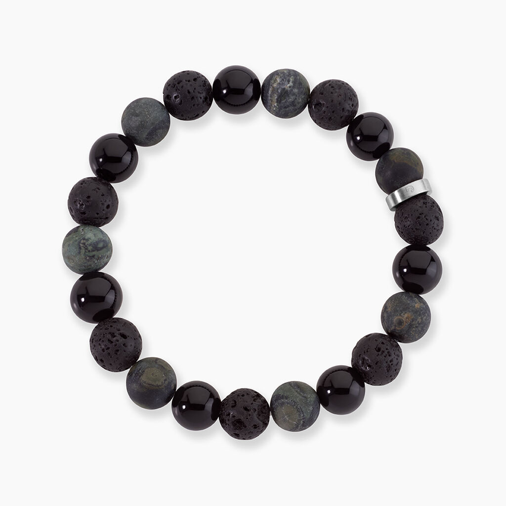 Bracelet Naturel Acier Argent&eacute; Pierre De Lave Jaspe Africain Agate - Bracelets cha&icirc;nes Homme | Marc Orian