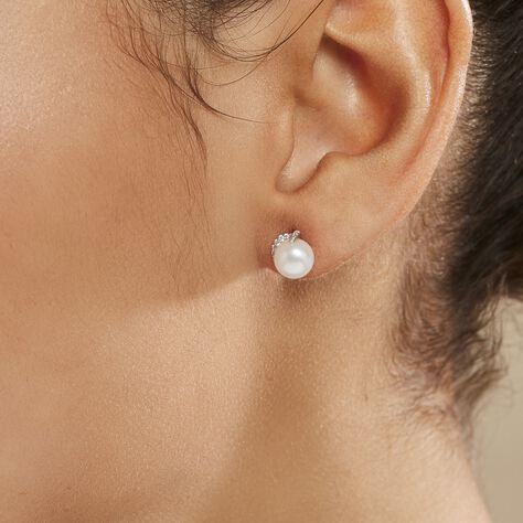 Boucles D'oreilles Puces Lucinda Or Blanc Perle De Culture Et Oxyde - Clous d'oreilles Femme | Marc Orian