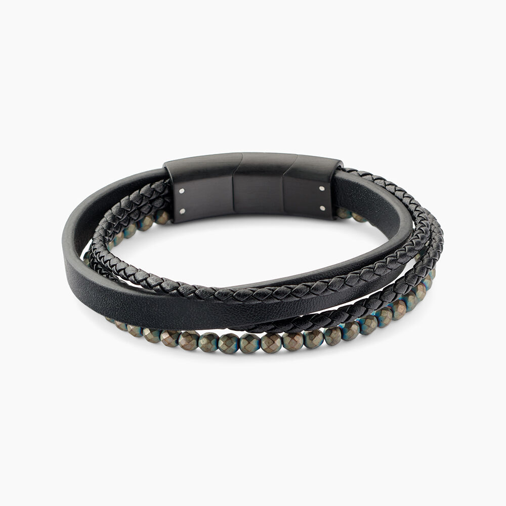 Bracelet Jourdan Cuir De Vache Noir H&eacute;matite - Bracelets cuir Homme | Marc Orian