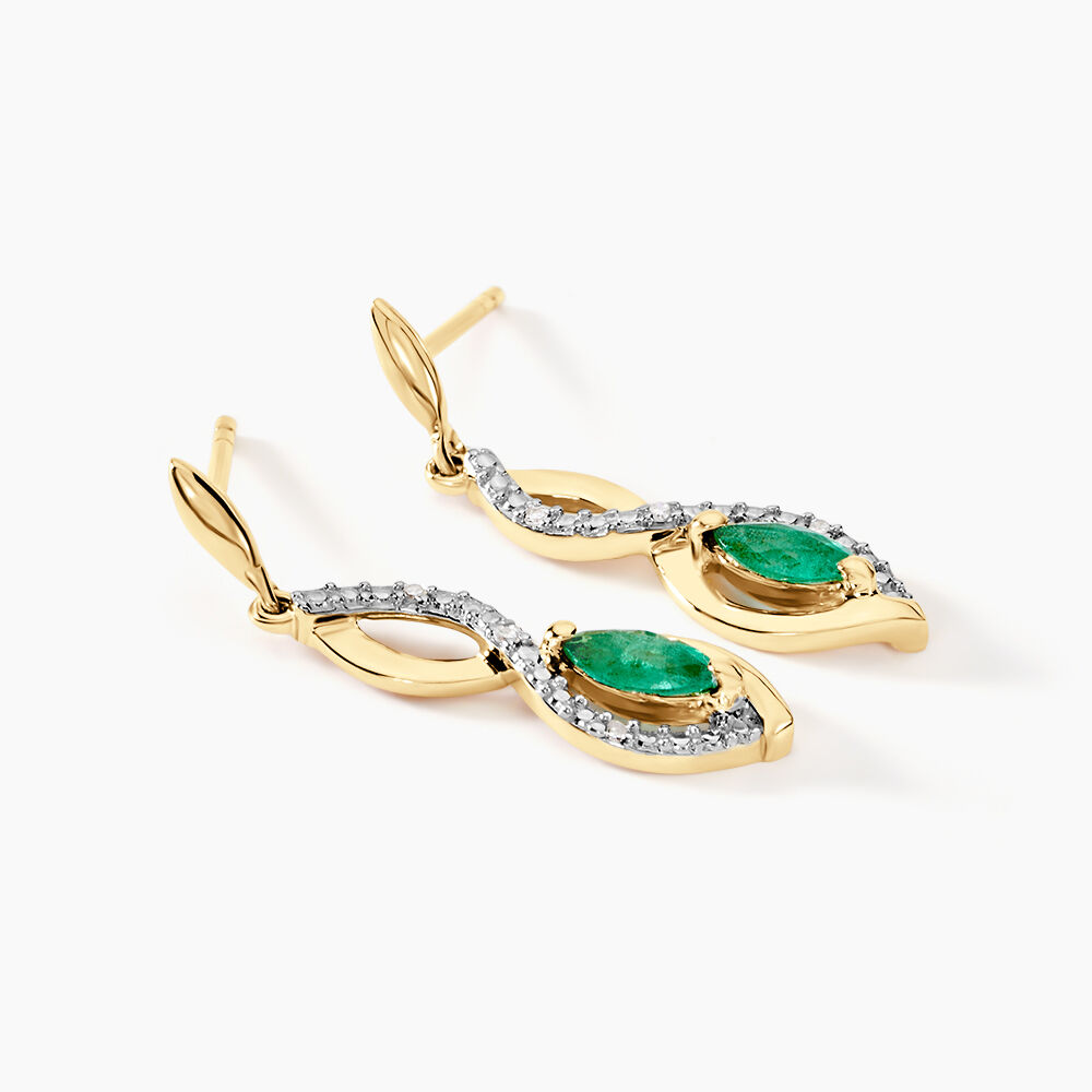 Boucles D'oreilles Pendantes Ondulations Or Jaune Emeraude Diamant - Pendantes Femme | Marc Orian
