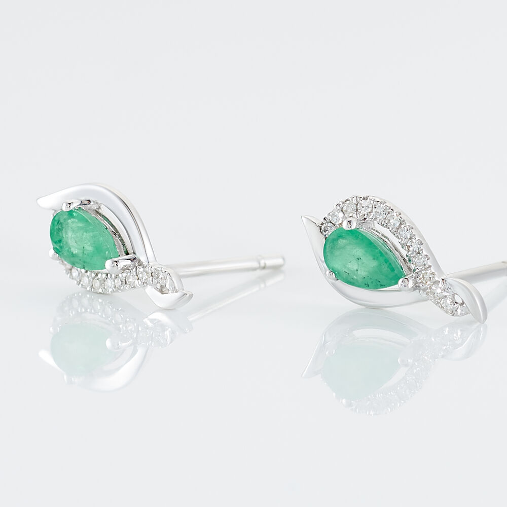Boucles D'oreilles Puces Angelika Or Blanc Emeraude Et Diamant - Puces Femme | Marc Orian
