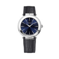 cadran argenté fond bleu bracelet cuir noir