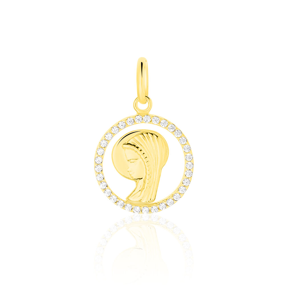 Pendentif Vierge Rond Diamante Or Jaune Oxyde De Zirconium - Médailles et médaillons Famille | Marc Orian
