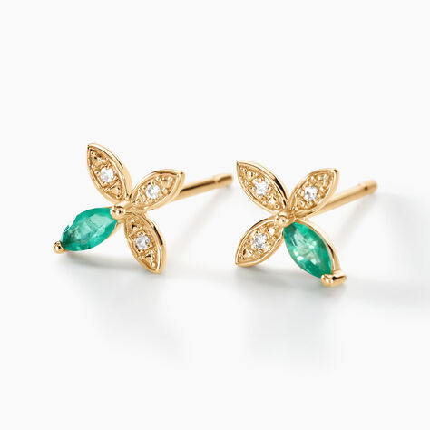 Boucles D'oreilles Puces Flower Power Or Jaune Emeraude Diamant - Puces Femme | Marc Orian