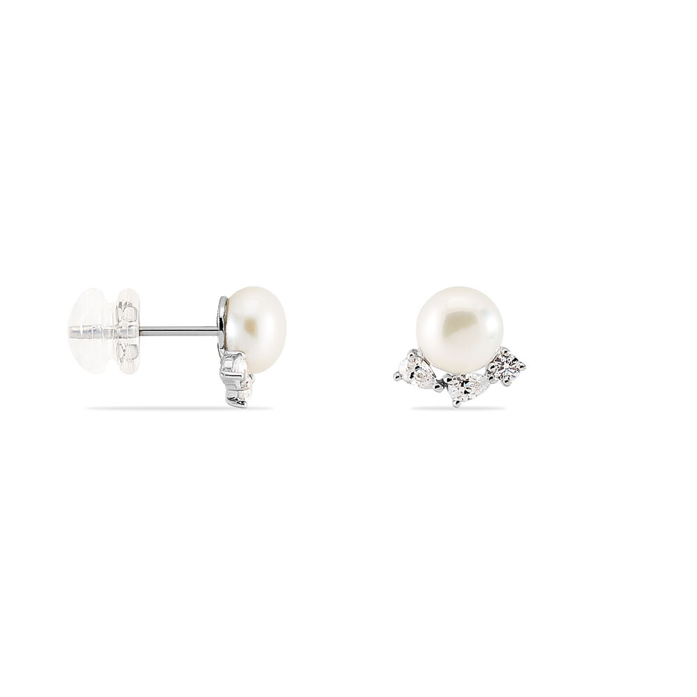 Boucles D'oreilles Puces Yarie Or Blanc Perle De Culture Et Oxyde - Puces Femme | Marc Orian