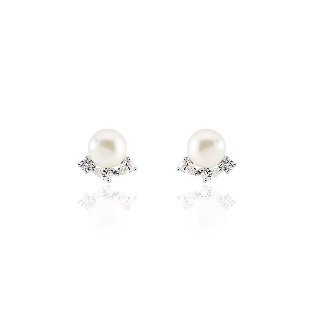 Boucles D'oreilles Puces Yarie Or Blanc Perle De Culture Et Oxyde - Puces Femme | Marc Orian