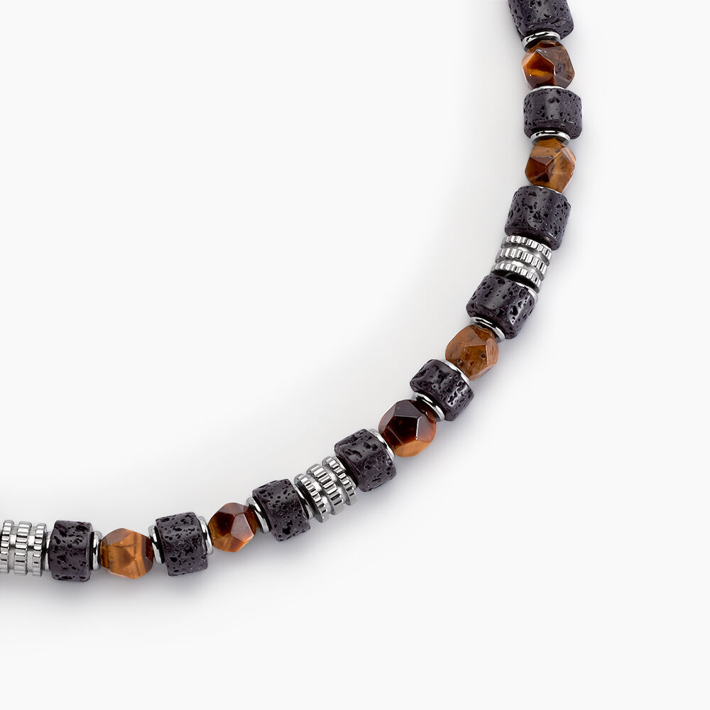 Collier Jourdan Bengale Acier Argenté Oeil De Tigre Pierre De Lave - Bijoux Homme | Marc Orian