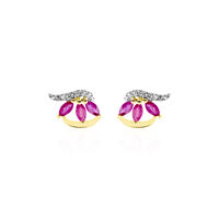 Boucles D'oreilles Puces Petale Or Bicolore Rubis Et Diamant