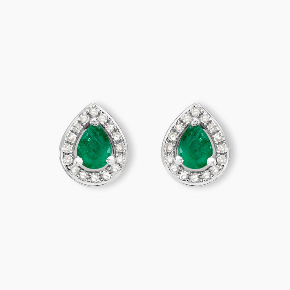Boucles D'oreilles Puces Elheme Or Blanc Emeraude Et Diamant -  Femme | Marc Orian