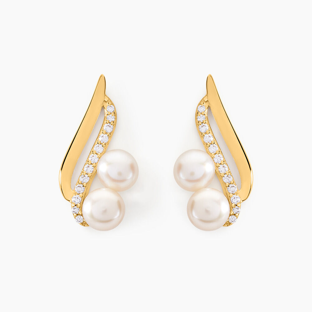 Boucles D'oreilles Puces Loeva Or Jaune Perle De Culture Et Oxyde - Puces Femme | Marc Orian