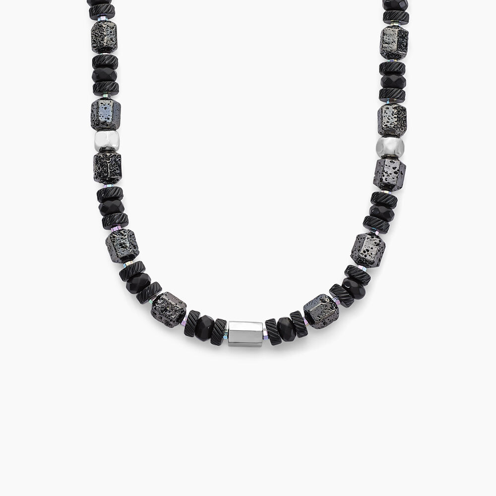 Collier Dark Pearl Acier Bicolore Pierre De Lave H&eacute;matite - Colliers avec pierres Homme | Marc Orian