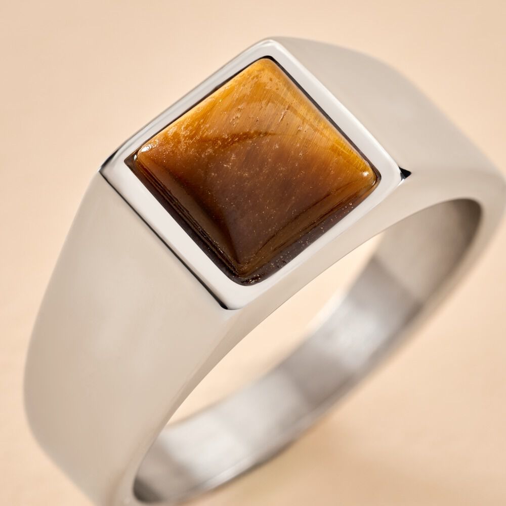 Chevaliere Acier Blanc Selim œil De Tigre - Chevalières Homme | Marc Orian