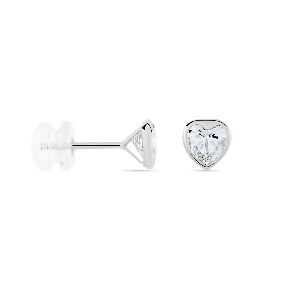 Boucles D'oreilles Puces Coeur Serti Clos Or Blanc Oxyde De Zirconium - Puces Femme | Marc Orian